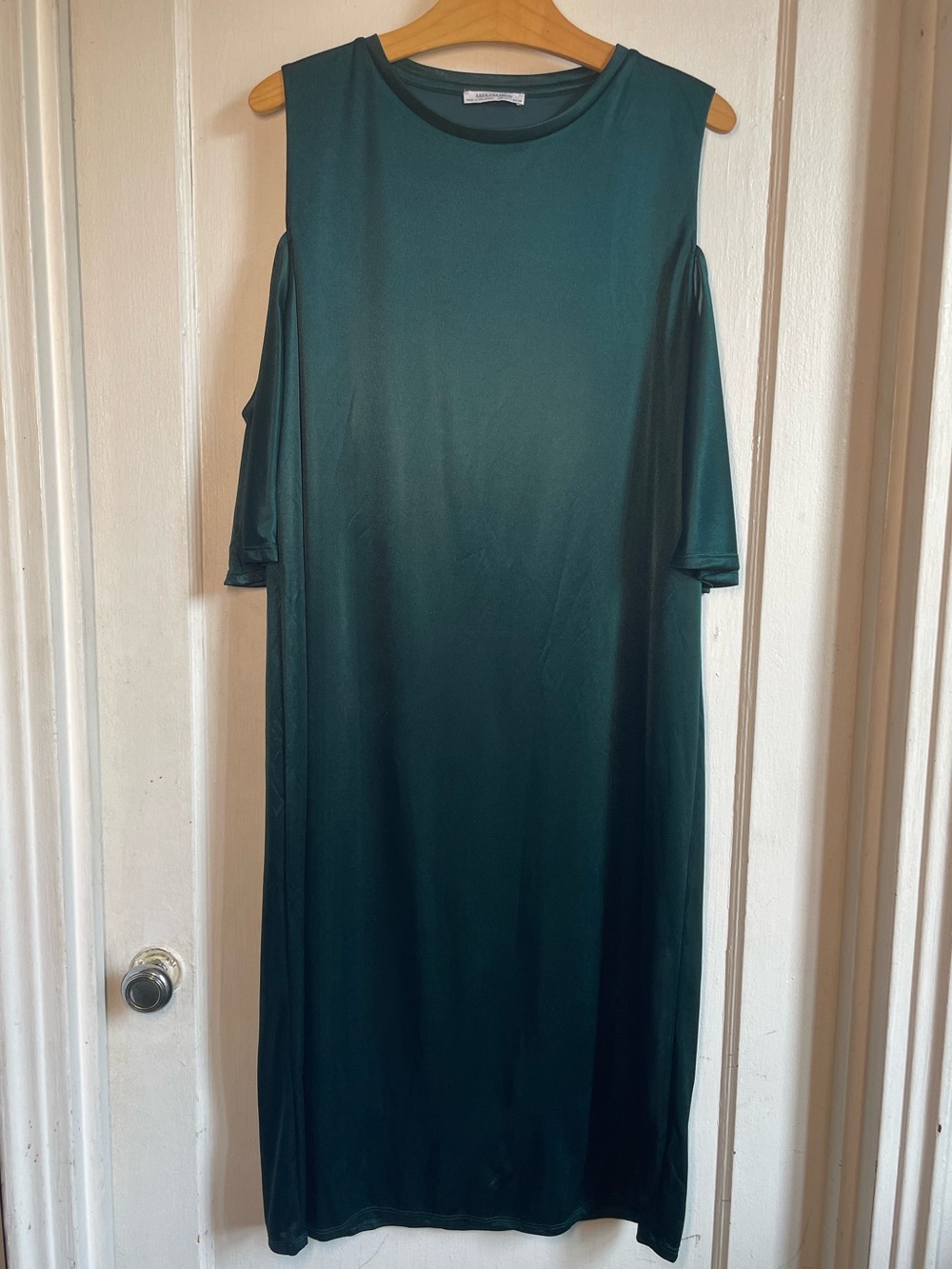 Zara Emerald Green Cold Shoulder Dress L Midi Fully Lined Gold Party